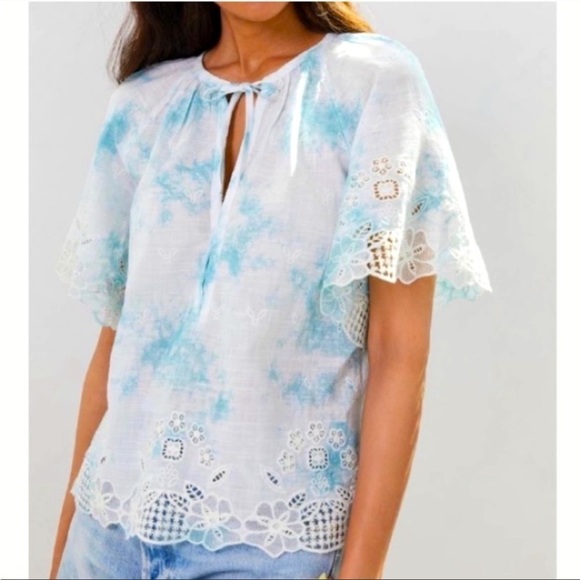 Anthropologie Tops - Anthropologie Lace Trimmed Tie Dye and Embroidered Cotton Tie Neck Top